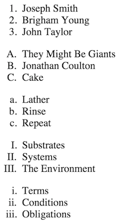 A rendering of different ordered list styles