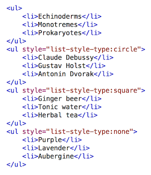 HTML markup of different unordered list styles