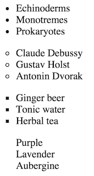 A rendering of different unordered list styles
